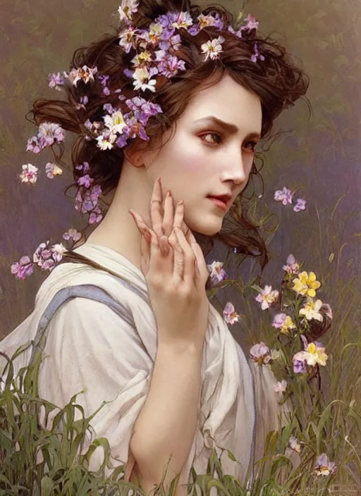 Prompt: a woman with her face painted. face painting of flowers. beautiful highly detailed face. painting by artgerm and greg rutkowski and alphonse mucha.