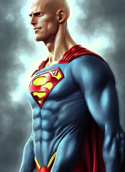 Image similar to ultra realistic illustration, handsome saitama. superman suit, intricate, elegant, highly detailed, digital painting, artstation, concept art, smooth, sharp focus, illustration, art by artgerm and greg rutkowski and alphonse mucha and wlop