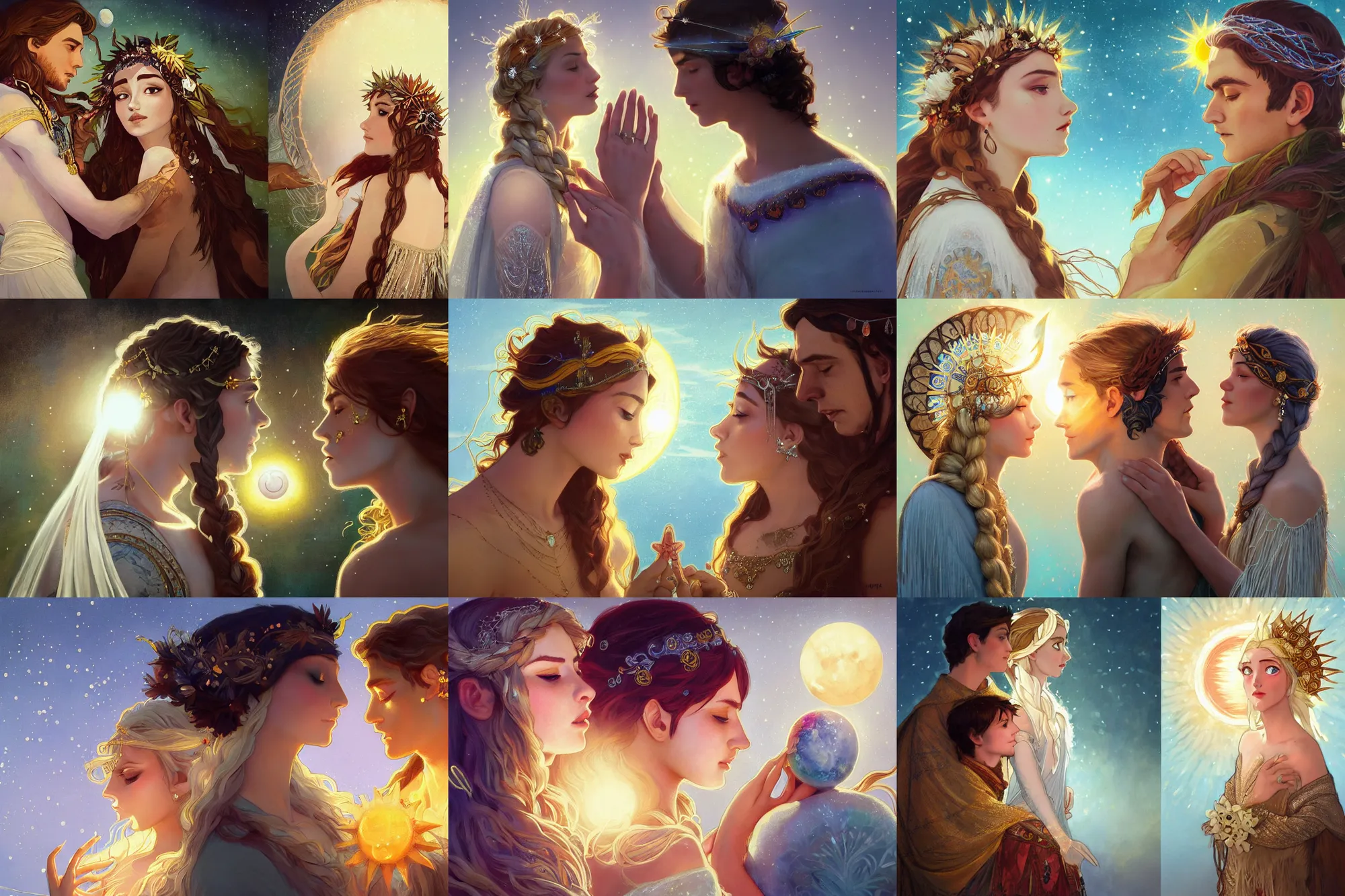 Prompt: a cinematic beautiful close up moment of a young sun god and moon goddess magician lovers facing each other, portrait, wedding wearing boho sunhat with string lights, wedding photography, Frozen Klaus film, elegant, digital painting, artstation, concept art, illustration, Frozen II art masterpiece by art by Krenz Cushart, Artem Demura, alphonse mucha, yoji shinkawa, ArtGerm, Jon Lothian, Danilo Torres, Adi Meyers, Thomas Reimann, Gaston Bussiere