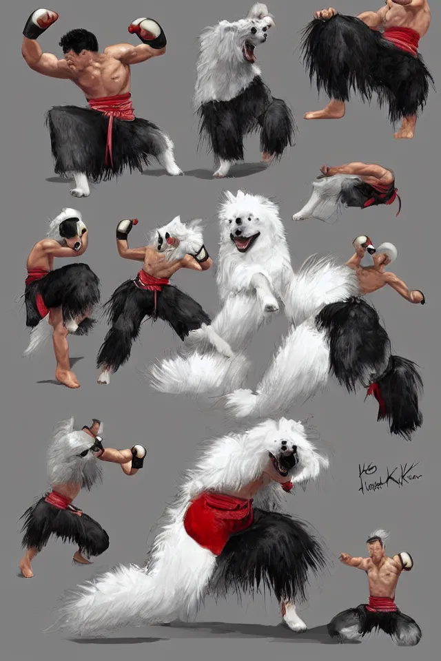 Prompt: samoyed dog as a kickboxing fighter doing Wai Kru Ram Muay, concept art