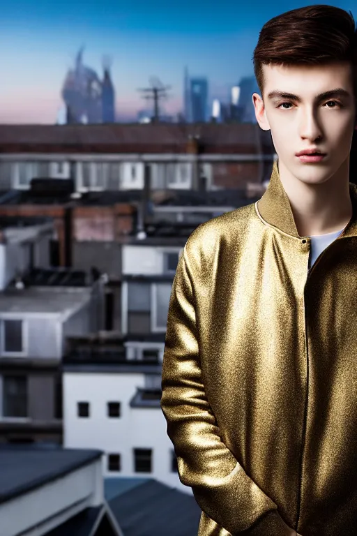 Image similar to un ultra high definition studio quality photographic art portrait of a young man standing on the rooftop of a british apartment building wearing soft padded silver pearlescent clothing. three point light. extremely detailed. golden ratio, ray tracing, volumetric light, shallow depth of field. set dressed.