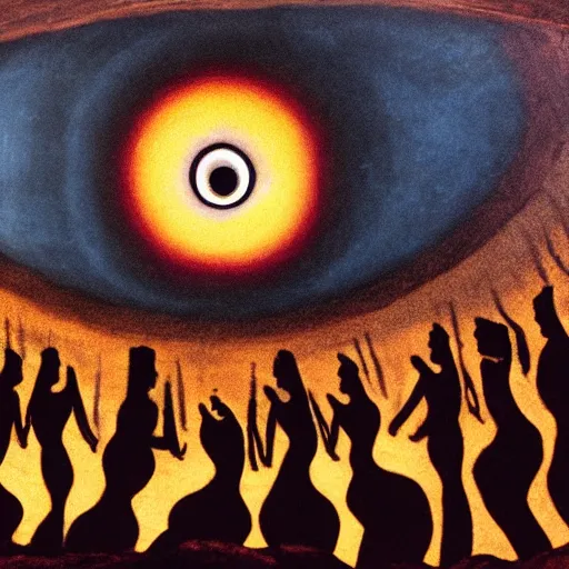 Image similar to a cave painting of a giant eye floating above a crowd of people