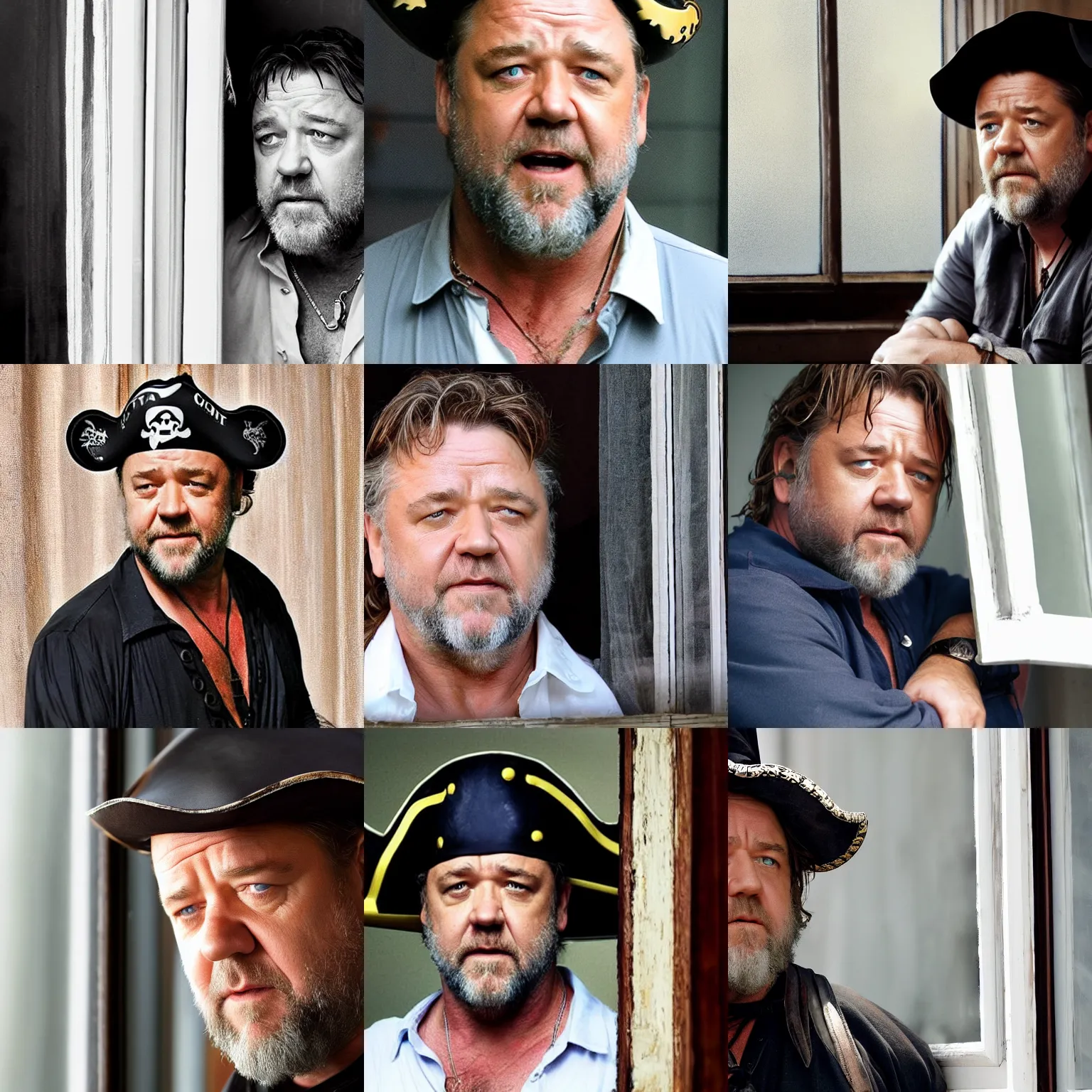 Prompt: russell crowe wearing a pirate hat behind a window staring towards the camera