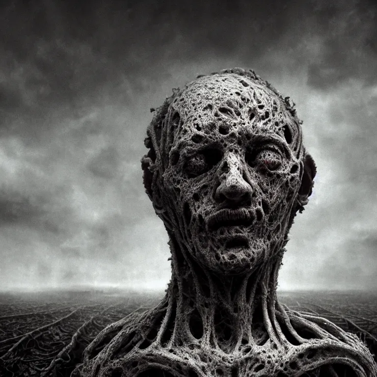 Image similar to ribbed man face portrait, baroque painting, standing in a desolate empty wasteland, creepy, nightmare, dream-like heavy atmosphere, surreal abandoned buildings, beautiful detailed intricate insanely detailed octane render trending on Artstation, 8K artistic photography, photorealistic, chiaroscuro, Raphael, Caravaggio, Beksinski, Giger