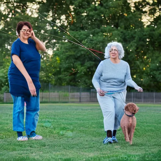 Prompt: sexy modern grandma who is fully clothed flying a kite with her younger engineer boyfriend in a dog park, venus effect, high-res, photography, blue hour,