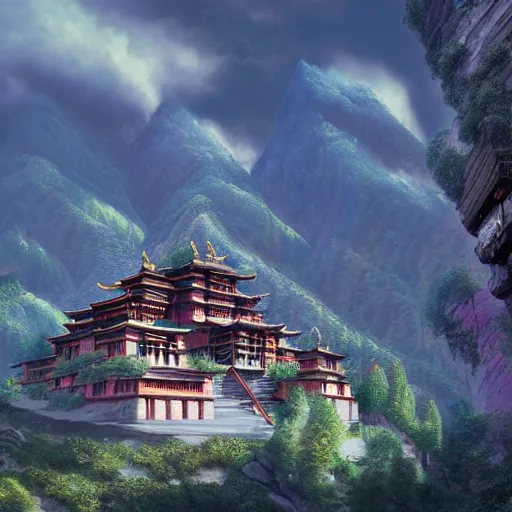 Prompt: tibetan palace carved into a mountain side, big green trees, colorful clouds, dramatic lighting, artstation, matte painting, raphael lacoste, simon stalenhag, frank lloyd wright