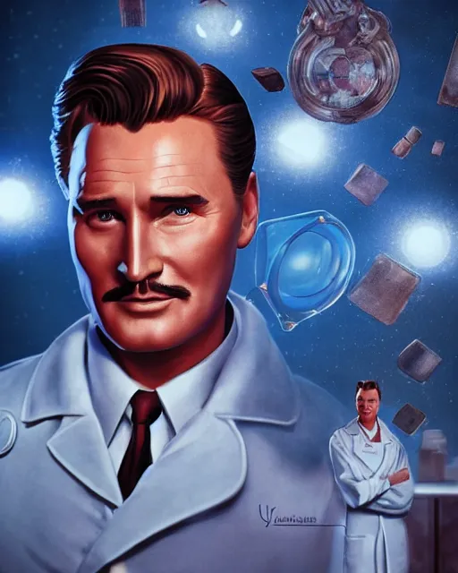 Image similar to Errol Flynn as a scientist. 1980s dystopian Soviet Russia, propaganda screens. Unreal engine, fantasy art by Yuliya Litvinova. Faithfully depicted facial expression, perfect anatomy global illumination, radiant light, detailed and intricate environment