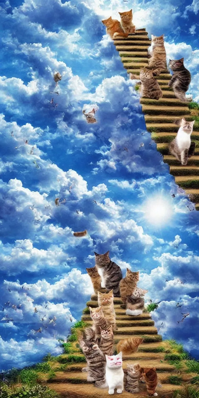 Image similar to a stairway to heaven full of cats, the sky have cat big heads between the clouds, landscape airbrush, realistic detailed
