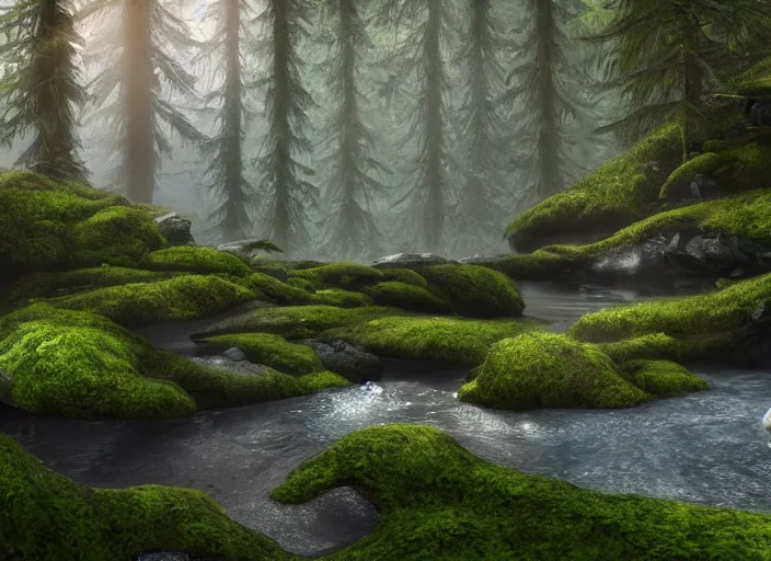 Image similar to A natural pool in a forest with tall trees, overgrown with moss, surrounded by lush plants, vines hanging from the tall trees, pine trees, detailed, digital art, trending on Artstation, atmospheric, volumetric lighting, hyper-realistic, Unreal Engine, sharp