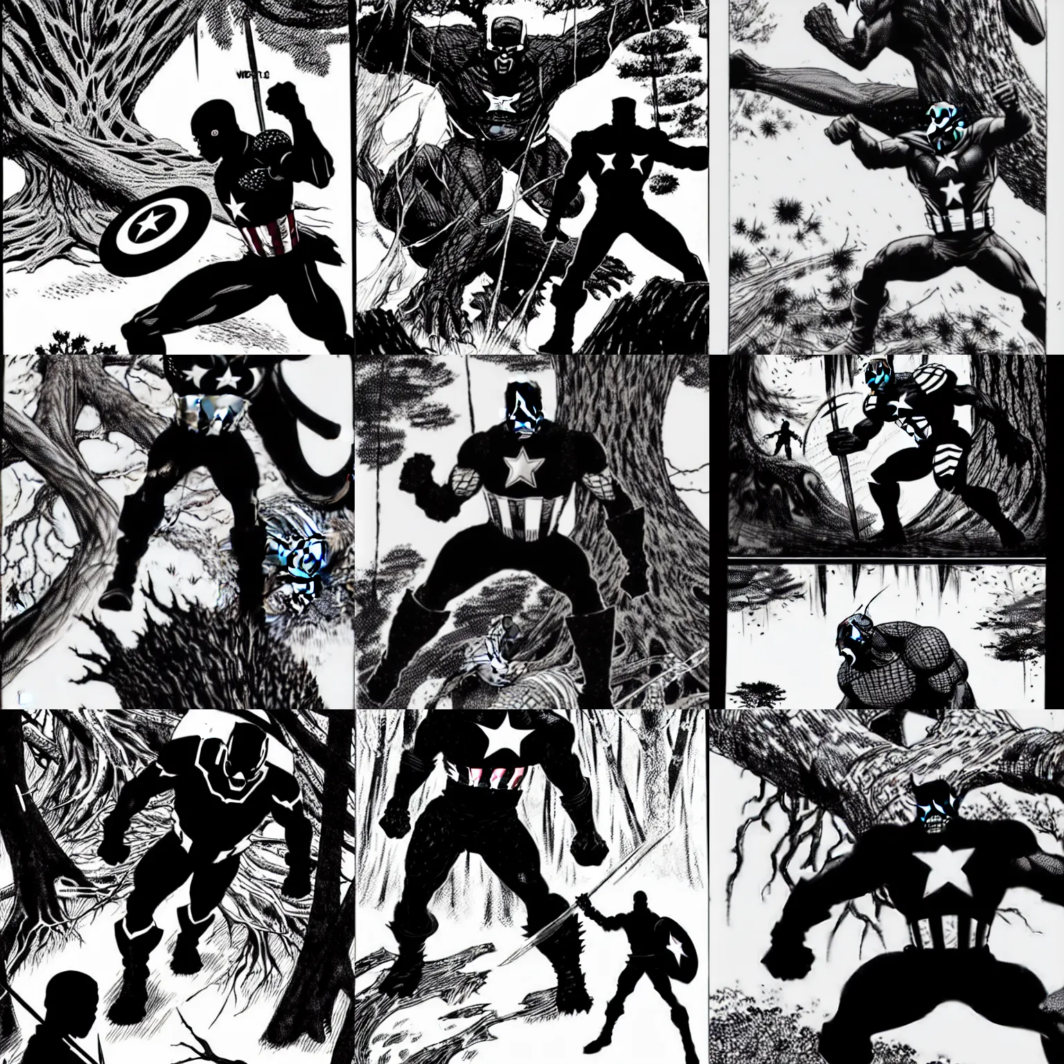 Prompt: black and whote captain america defends himself with a shield against the sword of a giant tree monster in the forest, by tsutomu nihei, black and white