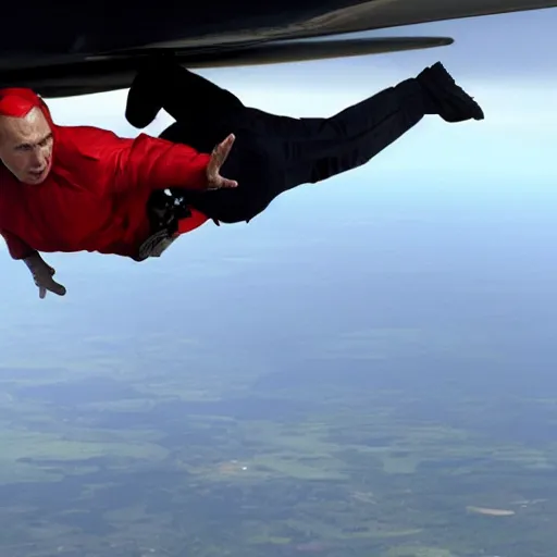 Image similar to vladimir putin jumping out of an airplane, epic movie still, professional photography