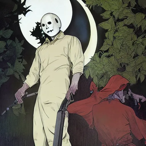 Image similar to michael myers in outside the myers house, halloween night, finely illustrated pale mask, moon light, shrubs, highly detailed, colored pencil, gainax, tankobon, in the style of ilya kuvshinov and yoshiyuki sadamoto and william - adolphe bouguereau and alphonse mucha