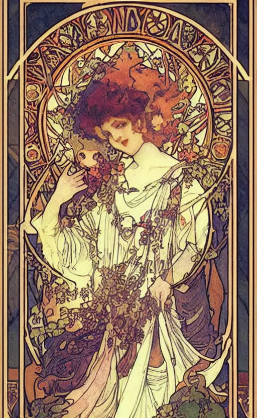 Image similar to the fool, tarot, beautiful border, by alfons maria mucha, highly detailded