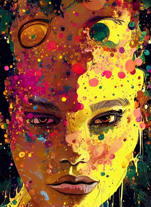 Prompt: beautiful face, made of jelly, golden tears, dramatic lighting, maximalist pastel color palette, splatter paint, pixar and disney concept, graphic novel by fiona staples and dustin nguyen, peter elson alan bean wangechi mutu, clean cel shaded vector art, on artstation