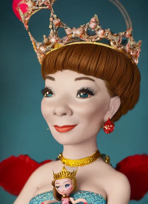 Prompt: closeup face profile portrait of tin toy shirley maclaine as a fairytale princess wearing a crown eating cakes, bikini, depth of field, zeiss lens, detailed, symmetrical, centered, fashion photoshoot, by nicoletta ceccoli, mark ryden, lostfish, breathtaking, 8 k resolution, extremely detailed, beautiful, establishing shot, artistic, hyperrealistic, octane render