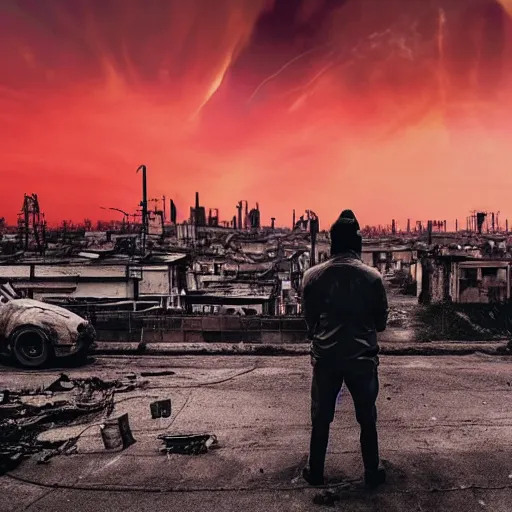 Image similar to man watching post apocalyptic city with burning red sky