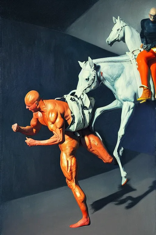 Image similar to astronaut bodybuilder carries a horse in his hands, hauntingly surreal, highly detailed painting by francis bacon, edward hopper, adrian ghenie, gerhard richter, and james jean soft light 4 k,