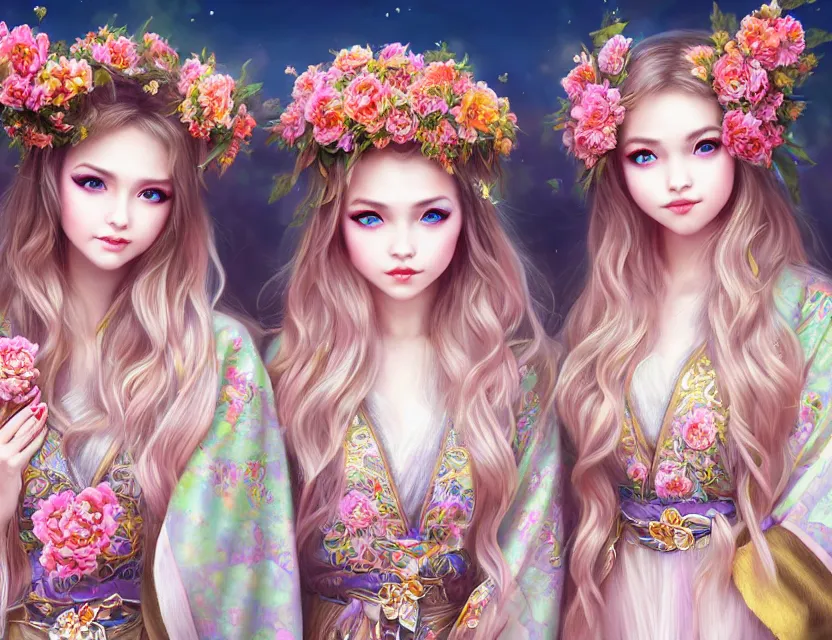 Image similar to two beautiful fashion siberian girls wear fantasy kimono in festival | | big eyes, sunny, dreamlike art, realistic shaded, smile, good looking, hyper details, 4 k realistic, cryengine, realistic shaded lighting poster by artgerm, ross tran, fuji choko, loish, 8 k resolution, trending on artstation, luxury