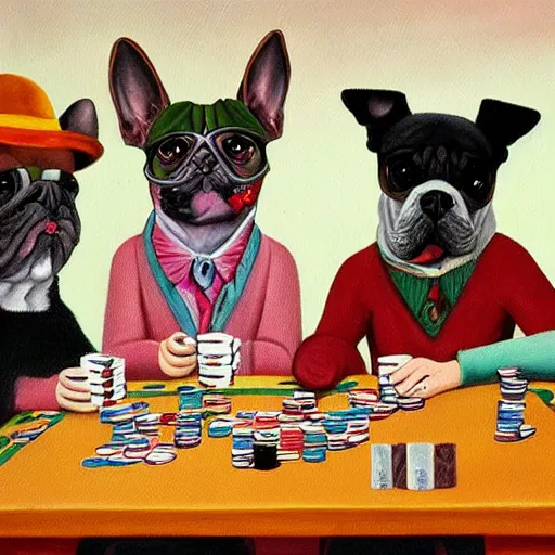 Prompt: a painting of hipster dogs playing poker, in the style of tom a abts