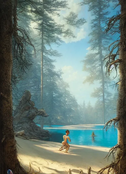 Image similar to on the sandy beach of a blue lake in a pine forest, hyperrealism, no blur, 4 k resolution, ultra detailed, style of tyler edlin, tom bagshaw, arthur rackham, ivan shishkin