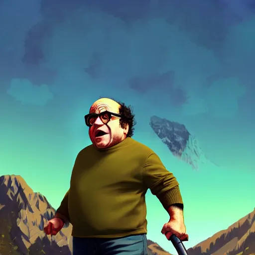 Image similar to Danny Devito at the top of a mountain, scenic view, holding a baseball bat!!, digital art, gta 5 cover art, trending on artstation