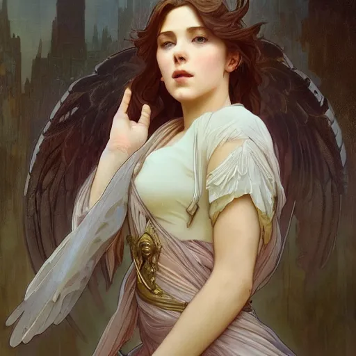 Image similar to Portrait of a beautiful young graceful female holy angel， full of details, matte painting, concept art, smooth, by Jordan Grimmer and alphonse mucha and WLOP，Soft light atmosphere，trending on cgsociety and artstation，8kHDR，light effect，rtx on，- H 768