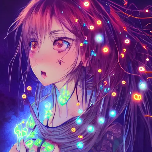 Prompt: anime girl electronic circuitry, with fireflies with a thick mane of bioluminescent vines and flowers by basqiuat, ralph steadman, street art, trending on artstation, dramatic lighting, octane render, weta digital, trending on deviant art, deepdream, ray trace