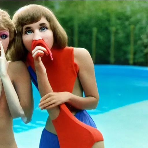 Prompt: a woman and her friend an anthropomorphic nostril in a swimming pool live-action childrens television show 1974 technicolor