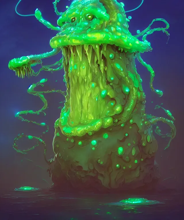 Image similar to an ooze slime creature made of bioluminescence, fantasy, elegant, crisp 8 k line work, emissive lighting, digital painting, artstation, unreal engine, octane render, concept art, matte, sharp focus, illustration, art by james jean and justin gerard and josan gonzalez