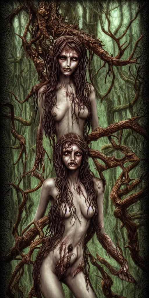 Image similar to dryads, bark skin, detailed fantasy art, dark blood horror, forest of the dead, foul spirits