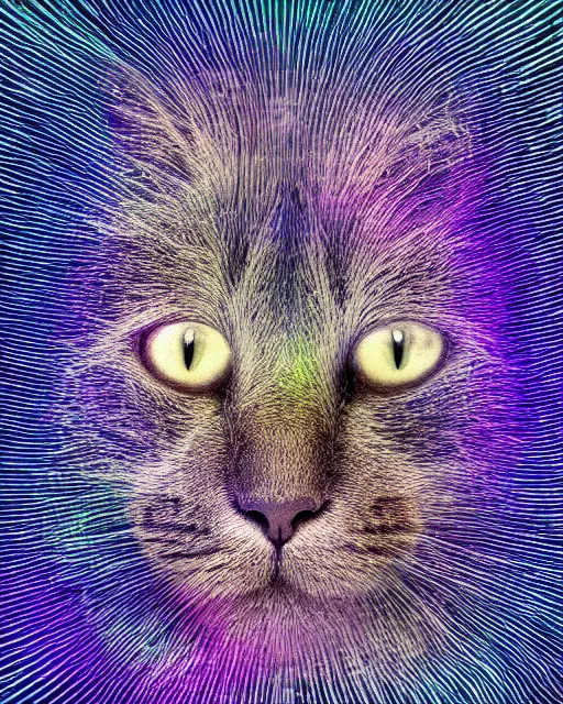 Image similar to highly detailed high resolution stacked plot of radio emissions from a pulsar, abstracted light refractions and stripy interference, making up a fluffy cat, silk screen t-shirt design 4K