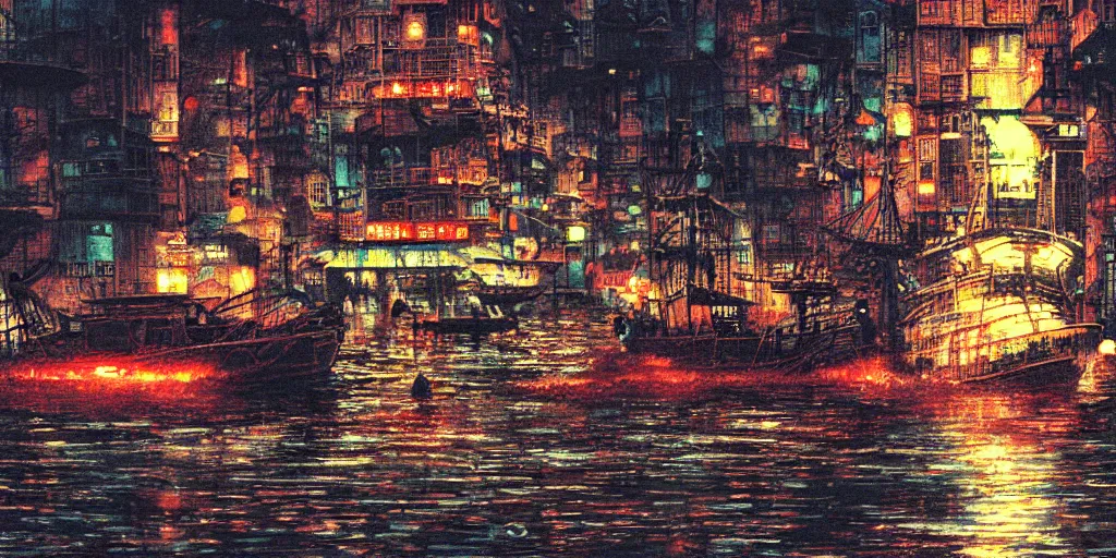 Prompt: cruiser sailing on flooded miniature kowloon city at night, raining, art by yoshitaka amano, and artgerm, pixel art