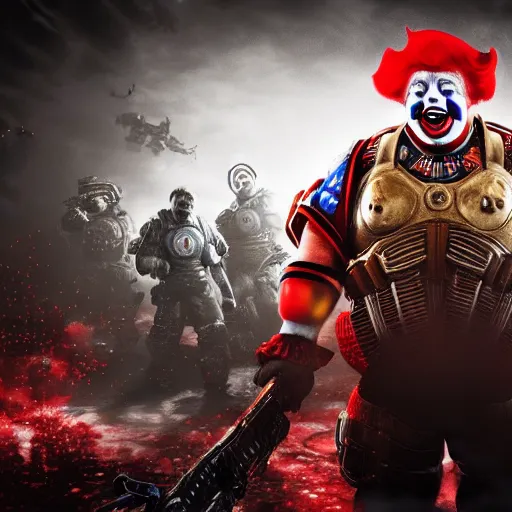 Image similar to portrait of donald trump as a clown in gears of war, splash art, movie still, cinematic lighting, ray tracing, octane render, long lens, shallow depth of field, bokeh, anamorphic lens flare, 8 k, hyper detailed, 3 5 mm film grain