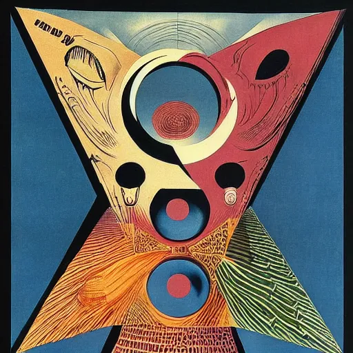 Image similar to the eyeless see all, soviet-style propaganda poster, by Hannah Hoch, by M.C. Escher, by Vladimir very detailed and colorful, beautiful, eerie, surreal, psychedelic