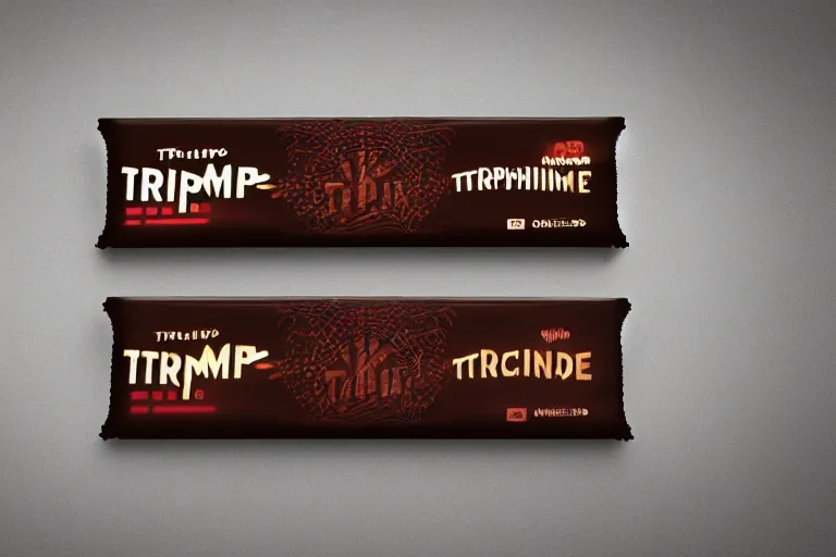 Prompt: mockup of a wrapped chocolate bar, name is tripmachine, realistic digital art, label is printed with a 3 d render of a huge futuristic steampunk generator, 8 k, fluorescent colors, halluzinogenic, multicolored, exaggerated detailed, unreal engine