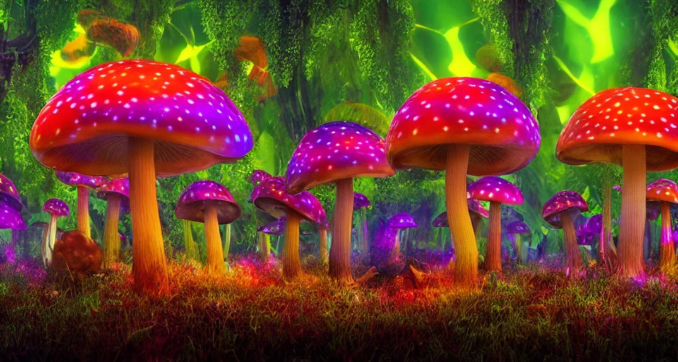 Image similar to A hyperrealistic photo of a kaleidoscopic psychedelic mushroom forest, with glowing mushrooms, and pixies, 8k, ultra detailed, volumetric lighting, 70mm