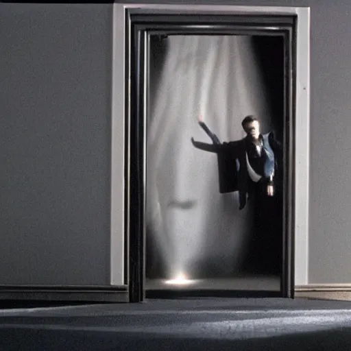 Image similar to Time traveler Sam Beckett from Quantum Leap in the middle of a leap, with his hologram friend Al Calavicci nearby in a glowing image chamber door