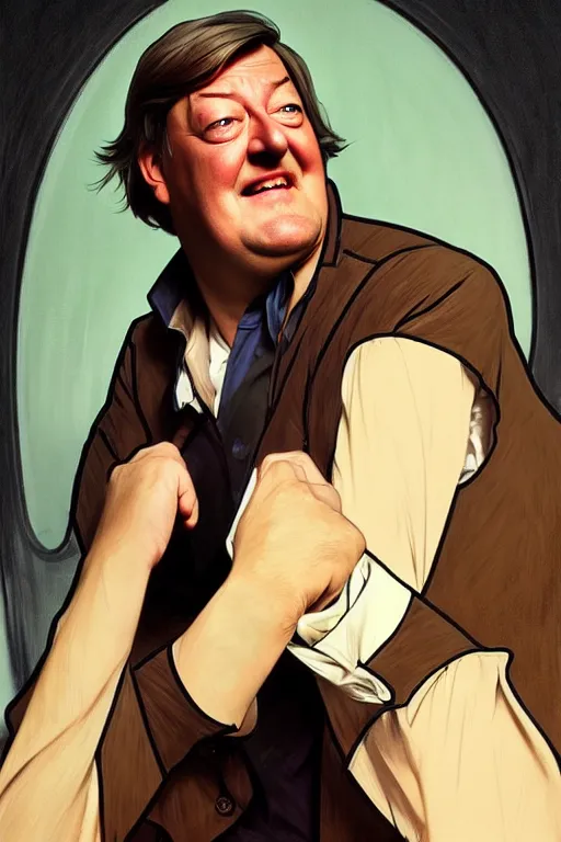 Image similar to stephen fry winking his left eye at the camera, in the style of art by artgerm and greg rutkowski and alphonse mucha