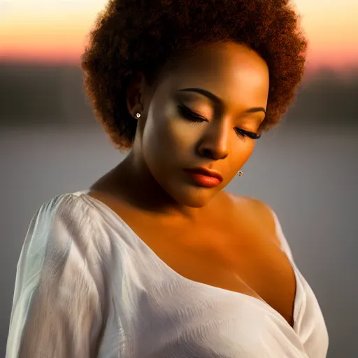 Image similar to realistic photo of an African American woman, with exquisite hollywood style makeup on, her eyes closed as the sun is setting behind her, studio photography, f/1.8 cinematic lens