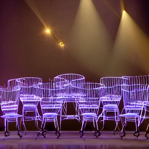 Image similar to an opera scenography of a tower of old chairs with laser lights.