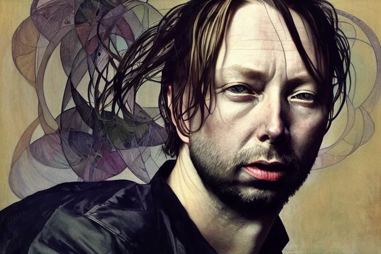 Image similar to hyper realistic portrait of wider faced thom singer songwriter yorke, by lee bermejo, alphonse mucha and greg rutkowski