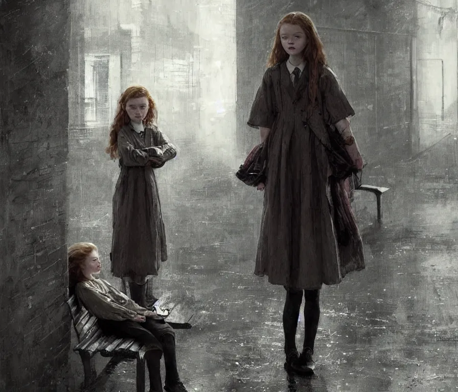 Image similar to sadie sink in oversized school uniform. waits on a bench | a bench along a wall. next to a door. in an office building. concept art for scifi dystopian film. by nikolay makovsky, bob byerley, wadim kashin, andrea kowch. cinematic moody atmosphere, detailed and intricate, perfect anatomy