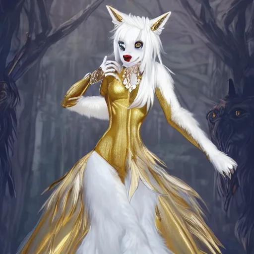 Prompt: full body shot of a female anthro furry wolf princess fursona with white hair wearing a white and gold dress in a white and gold palace, by Wlop and jerry park, artstation, detailed