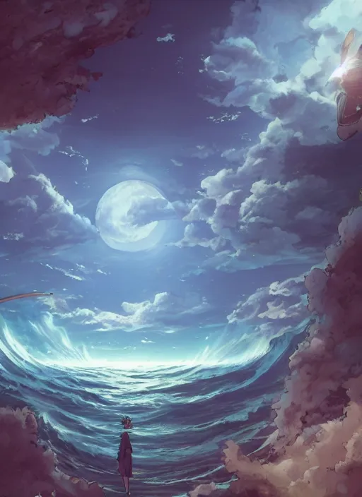 Image similar to An epic fantastic atmospheric comic book style painting of a ancient godnesses battling over the sea, fisheye lens, Makoto Shinkai, Ghibli, atmospheric, concept art, saturation 8，DAZ, dynamic lighting