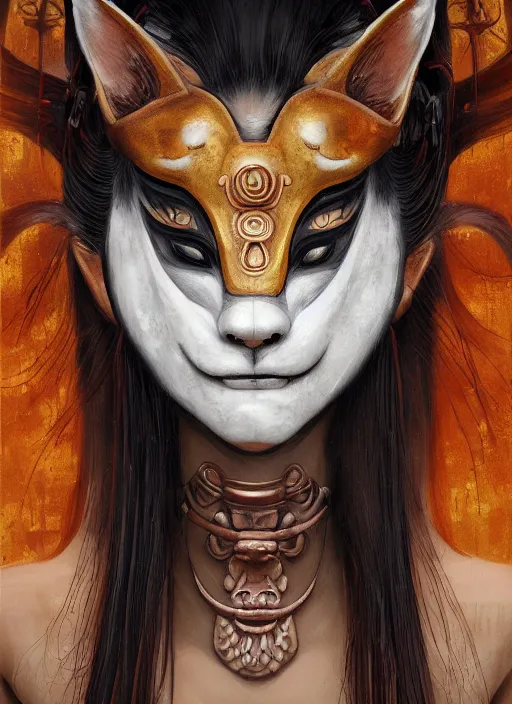 Image similar to a beautiful detailed oil on copper art illustration of a japanese oni kitsune mask shogun woman, the mask is broken, centered, by charlie bowater, zeng fanzh, trending on artstation, dim dusk lighting, cinematic lighting, detailed lighting, volumetric lighting, realistic, f 8, 4 k hd wallpaper