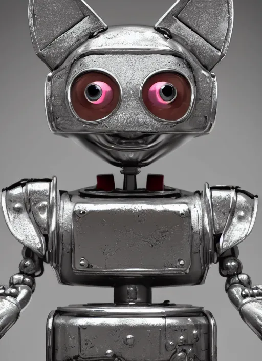 Image similar to closeup portrait of tin toy robot kitty trap, depth of field, zeiss lens, detailed, symmetrical, centered, fashion photoshoot, by nicoletta ceccoli, mark ryden, lostfish, breathtaking, 8 k resolution, extremely detailed, beautiful, establishing shot, artistic, hyperrealistic, octane render