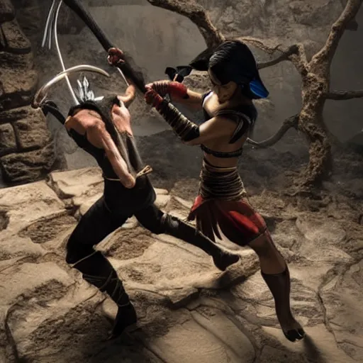 Prompt: photo of kitana and baraka from mortal kombat 2 brutally fighting each other on a narrow stone catwalk over a pit that is full of long spikes, in a stone temple in the moonlight. kitana is holding folding - fans. baraka has long blades extending from his knuckles. kitana or baraka has fallen into the pit.