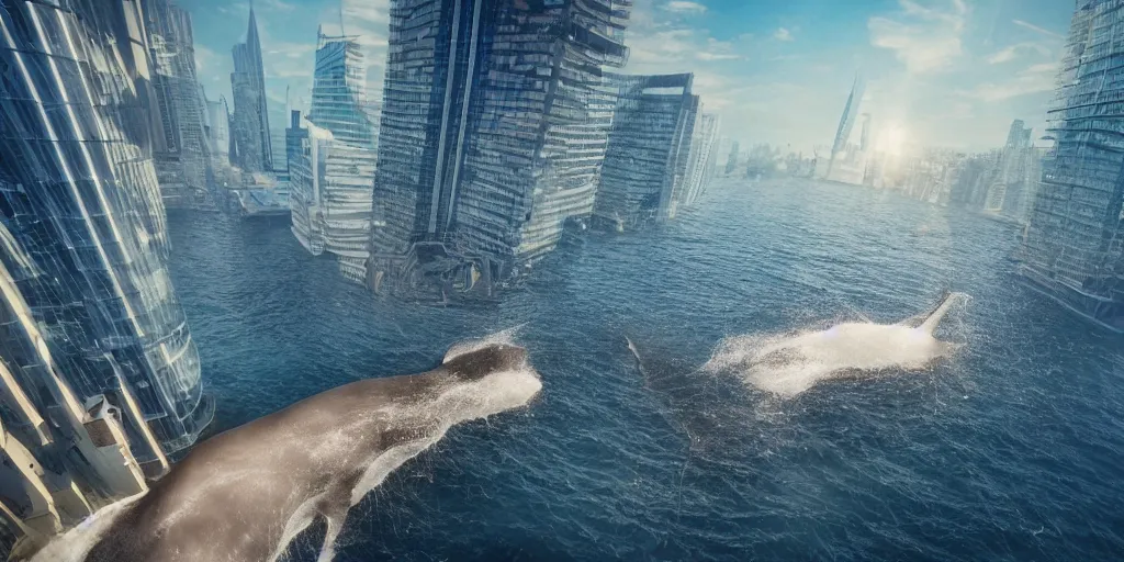 Prompt: a huge whale is floating in the air near a skyscraper, surreale, epic, cinematic shot, golden hour, atmosphere, high definition