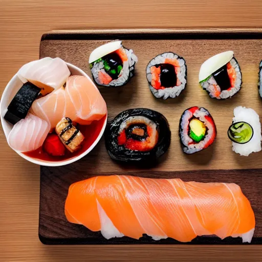 Image similar to various nigiri on a wooden board, sushi galore, food photography