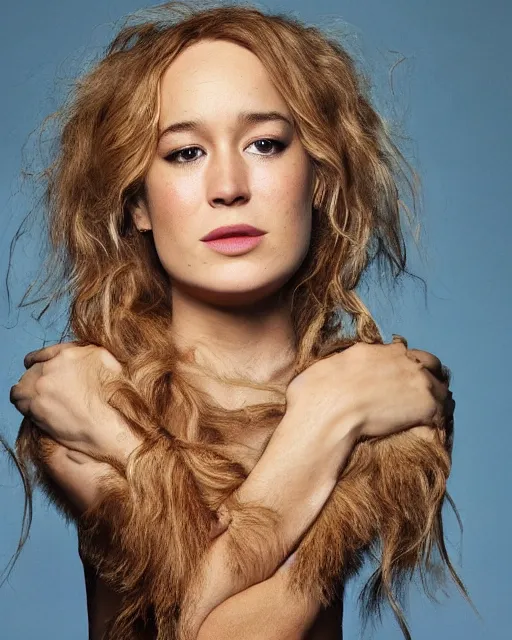 Image similar to annie leibovitz striking headshot of brie larson in rick baker makeup as an anthropomorphic beautiful lioness : hyperreal